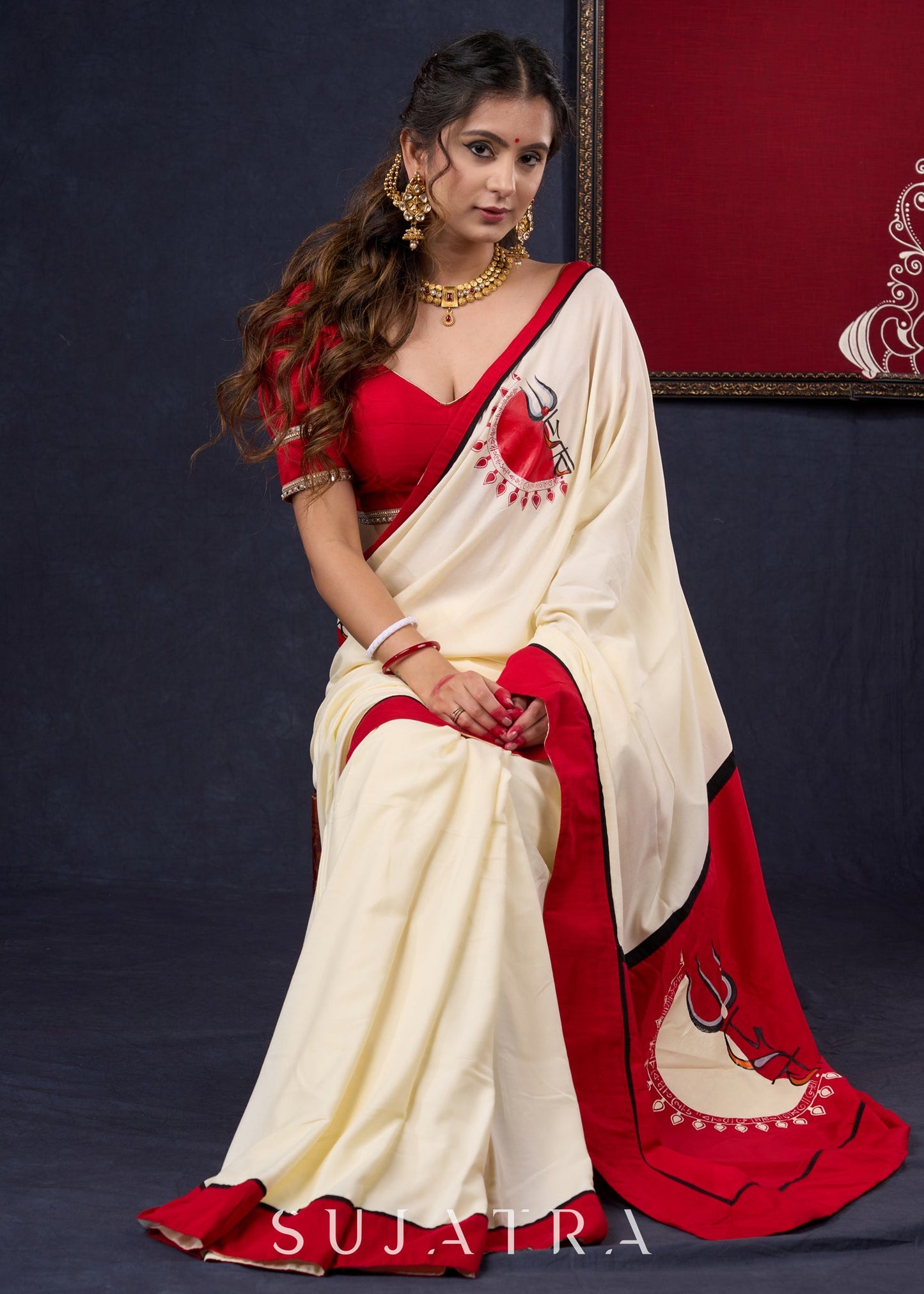 Graceful Hand-painted Durga-Ma Saree in Off-white Rayon & Red Combination