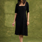 Black Rayon Embroidered Dress. Sleek Black Dress With Scalloped Hemline