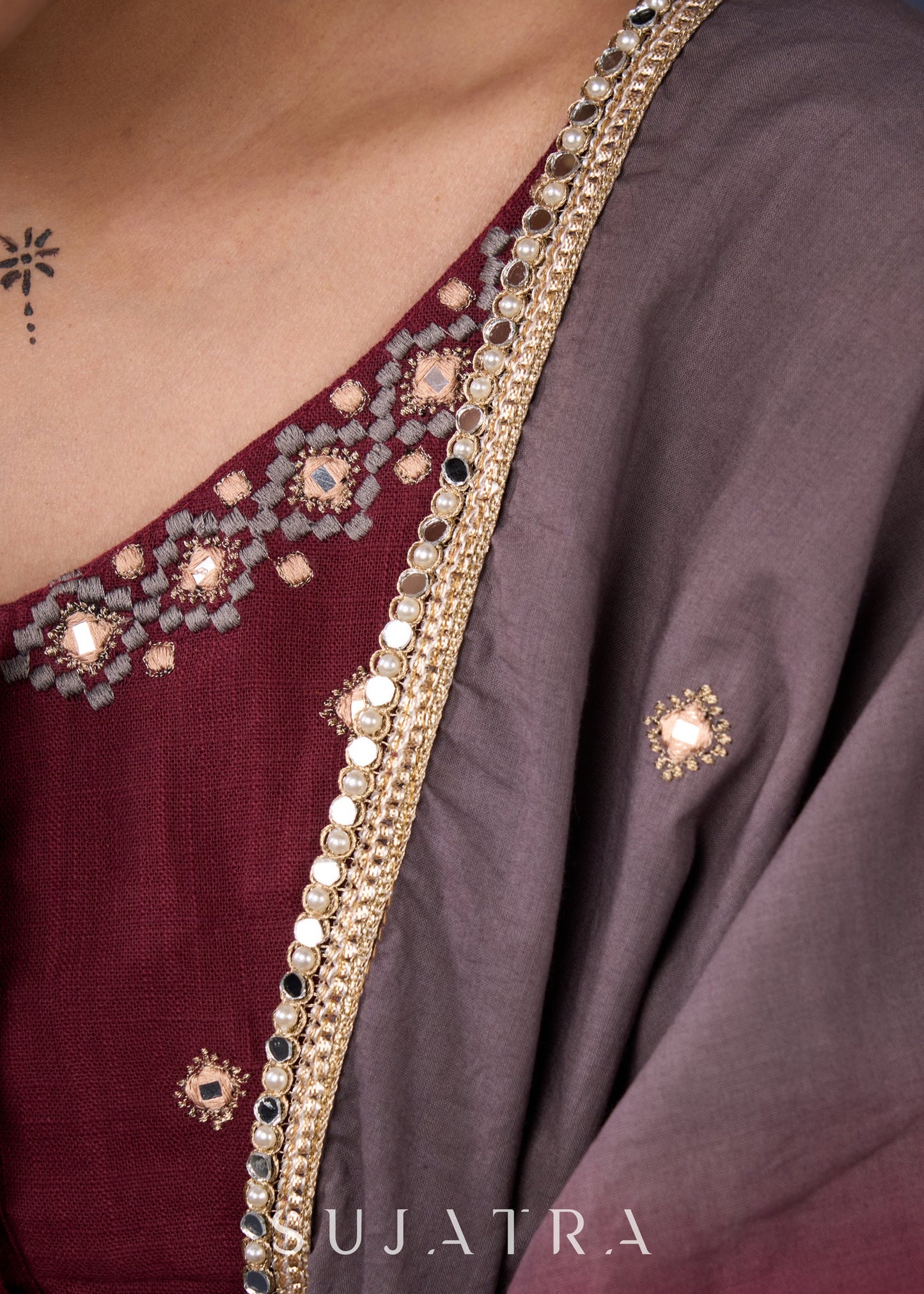 Exclusive Wine Kalamkari Tiered Lehenga With Embroidered Blouse & Shaded Dupatta.