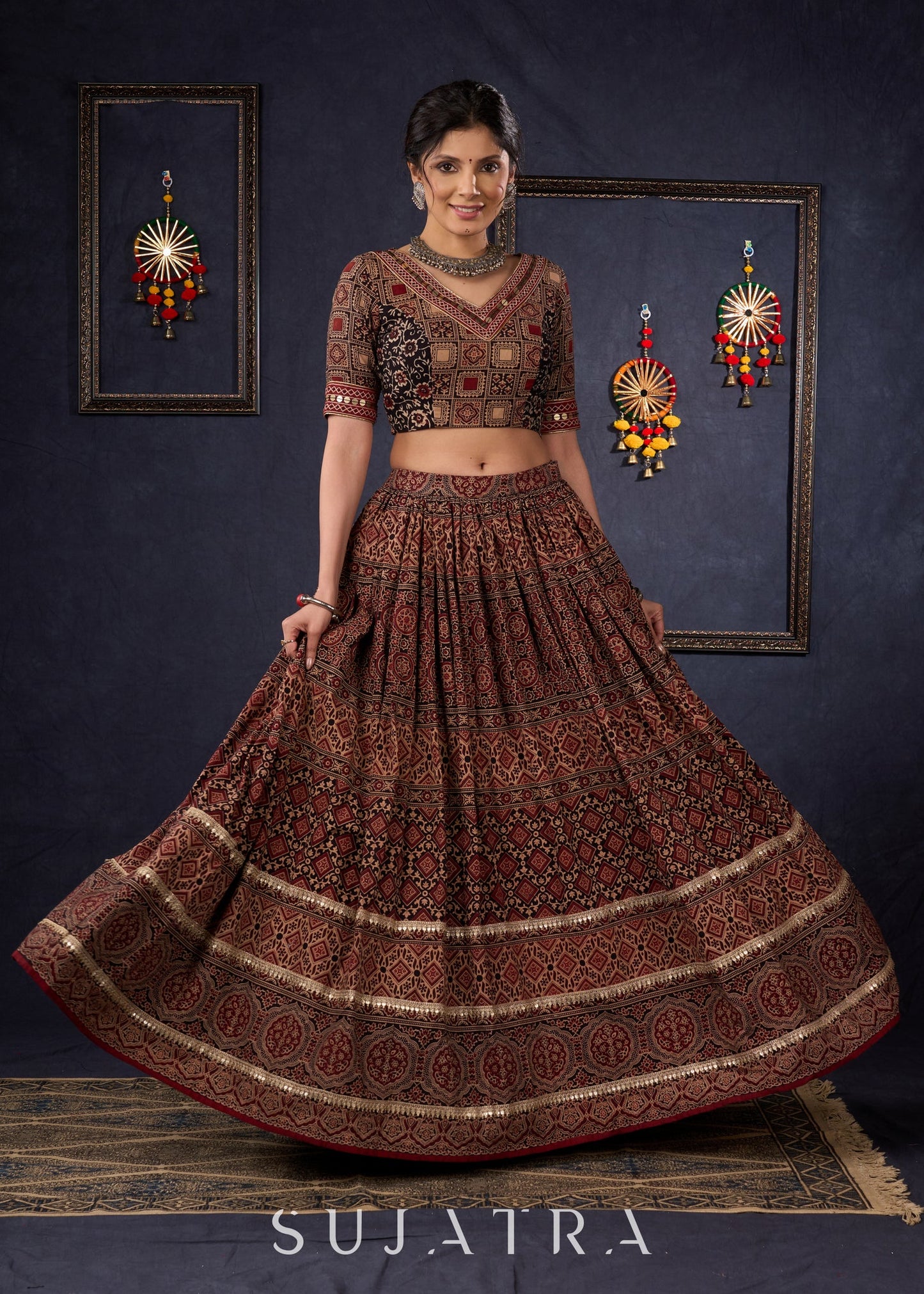 Elegant Maroon & Black Ajrakh Lehenga With Matching Blouse & Dupatta.