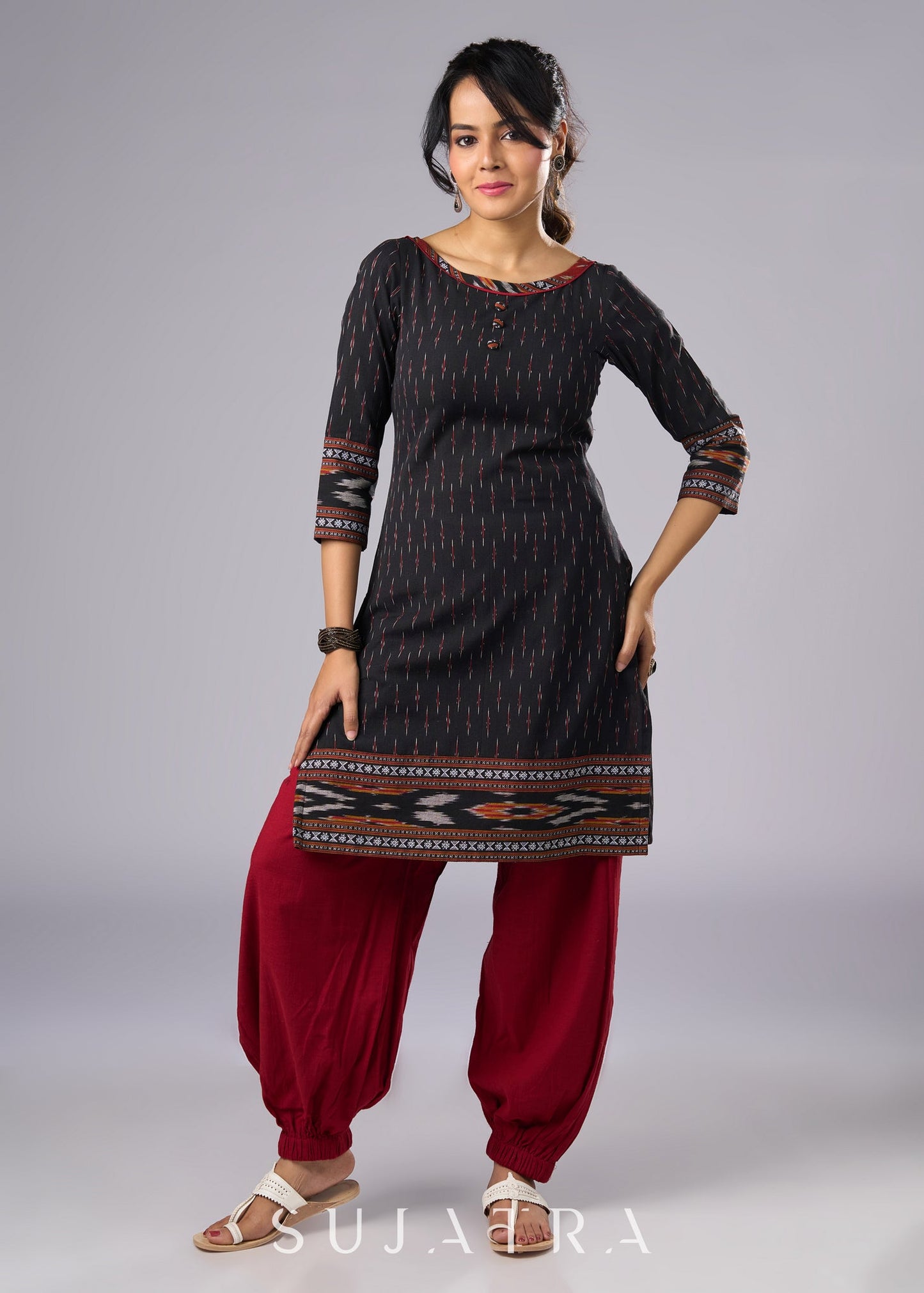 Elegant Cotton Black Ikat Combination Tunic Pant Additional