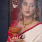 Graceful Hand-painted Durga-Ma Saree in Off-white Rayon & Red Combination