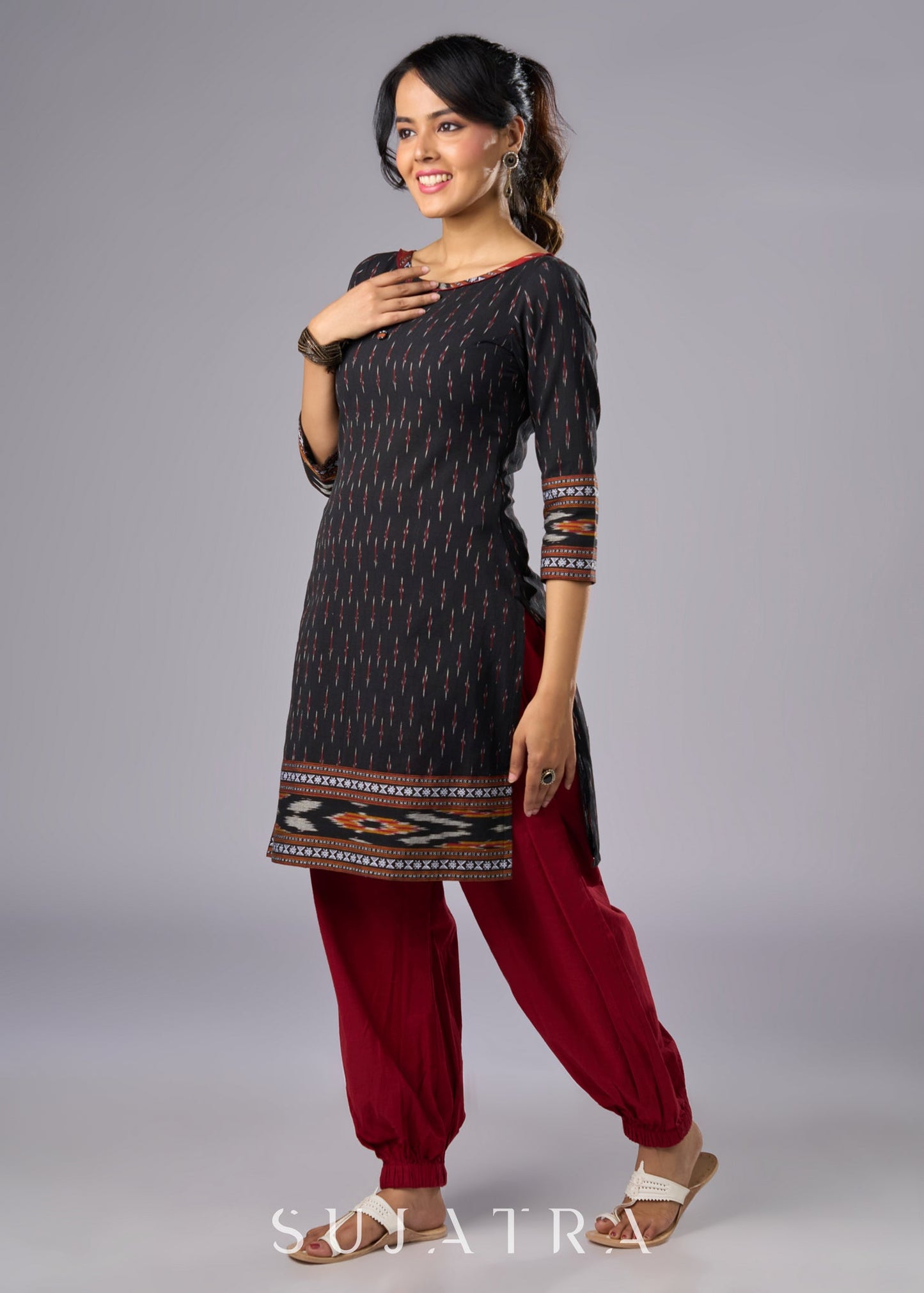 Elegant Cotton Black Ikat Combination Tunic Pant Additional