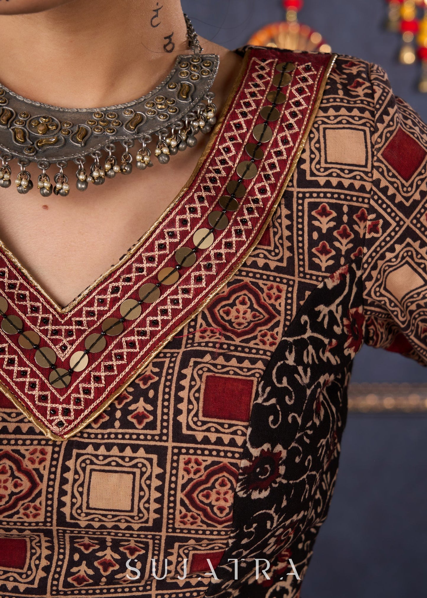 Elegant Maroon & Black Ajrakh Lehenga With Matching Blouse & Dupatta.