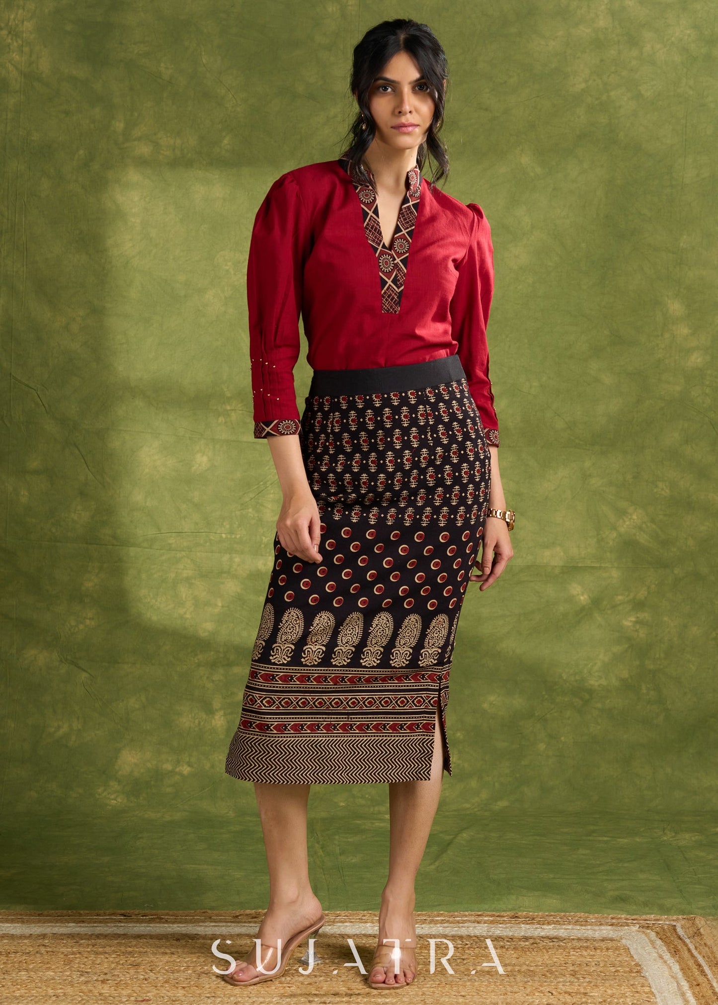 Maroon Cotton Pleated Top With Ajrakh Detailing- Skirt Optional