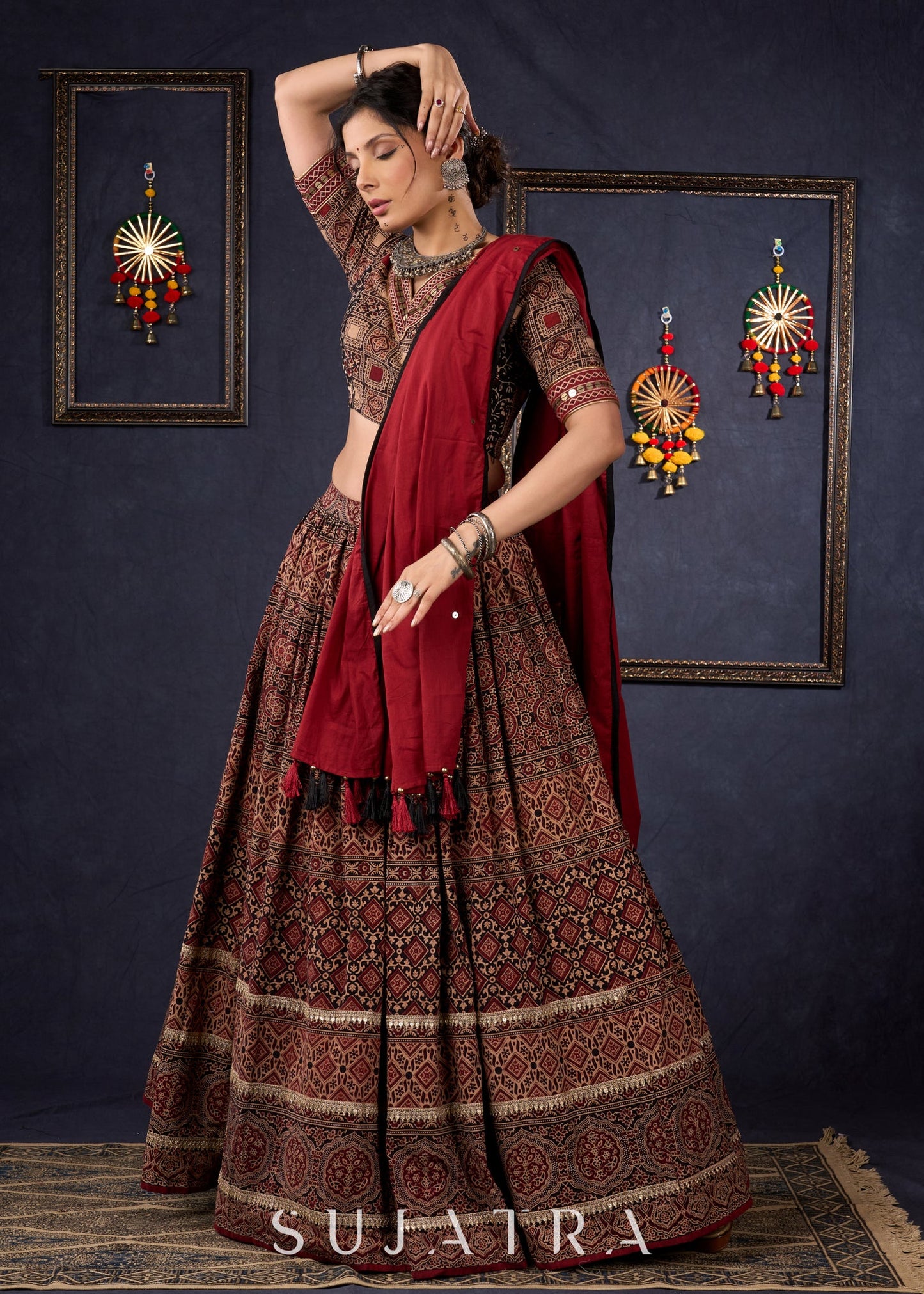 Elegant Maroon & Black Ajrakh Lehenga With Matching Blouse & Dupatta.