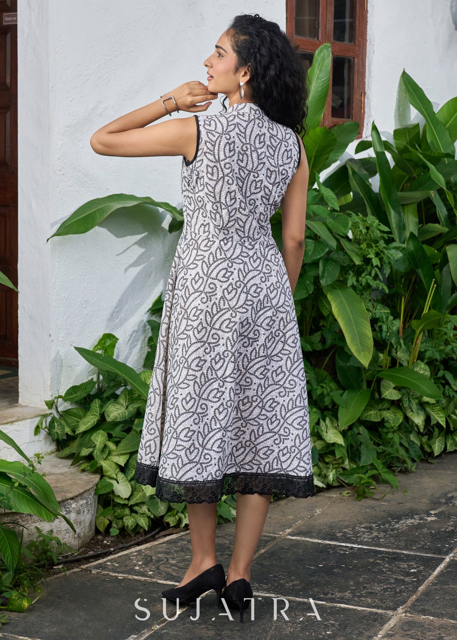 Classy black & white self embroidered printed sleeveless dress