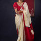 Graceful Hand-painted Durga-Ma Saree in Off-white Rayon & Red Combination