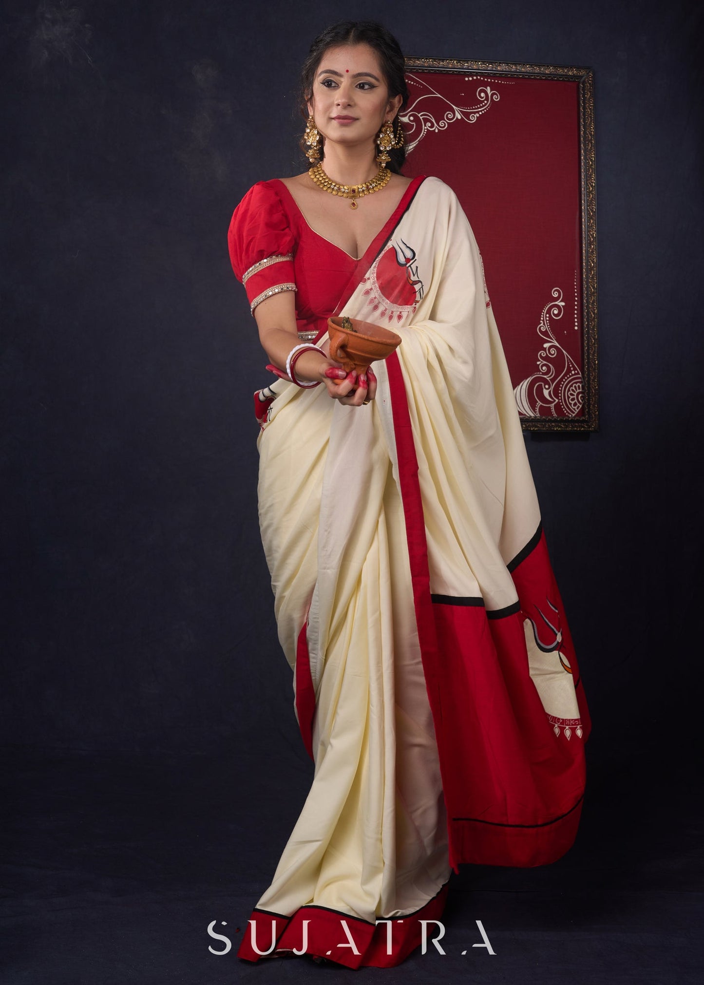 Graceful Hand-painted Durga-Ma Saree in Off-white Rayon & Red Combination