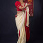 Graceful Hand-painted Durga-Ma Saree in Off-white Rayon & Red Combination