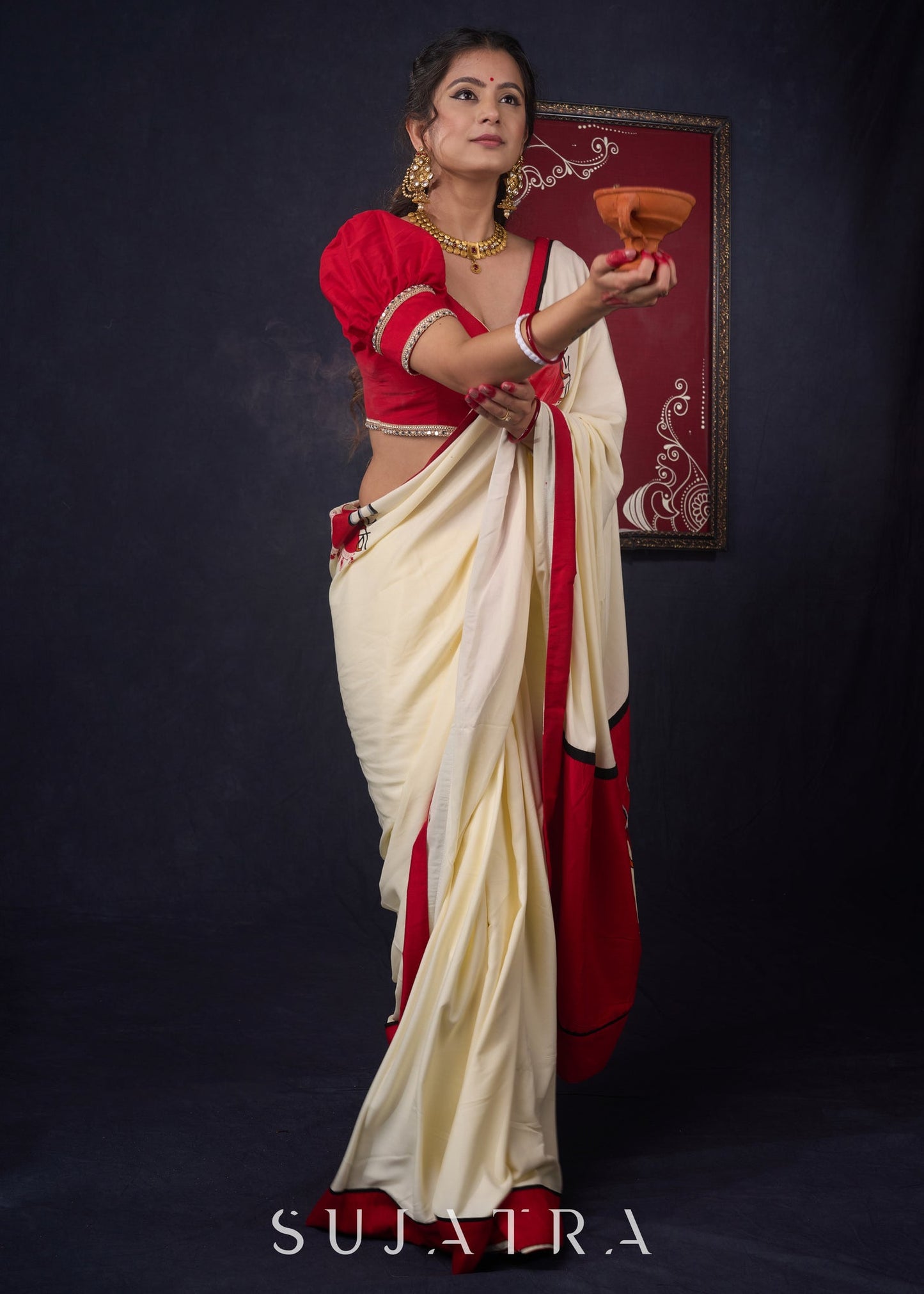 Graceful Hand-painted Durga-Ma Saree in Off-white Rayon & Red Combination