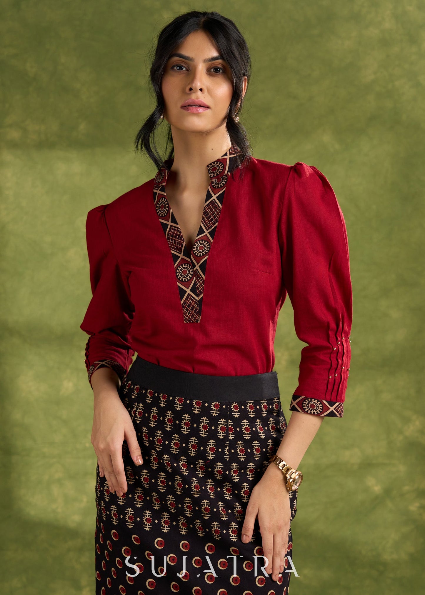 Maroon Cotton Pleated Top With Ajrakh Detailing- Skirt Optional