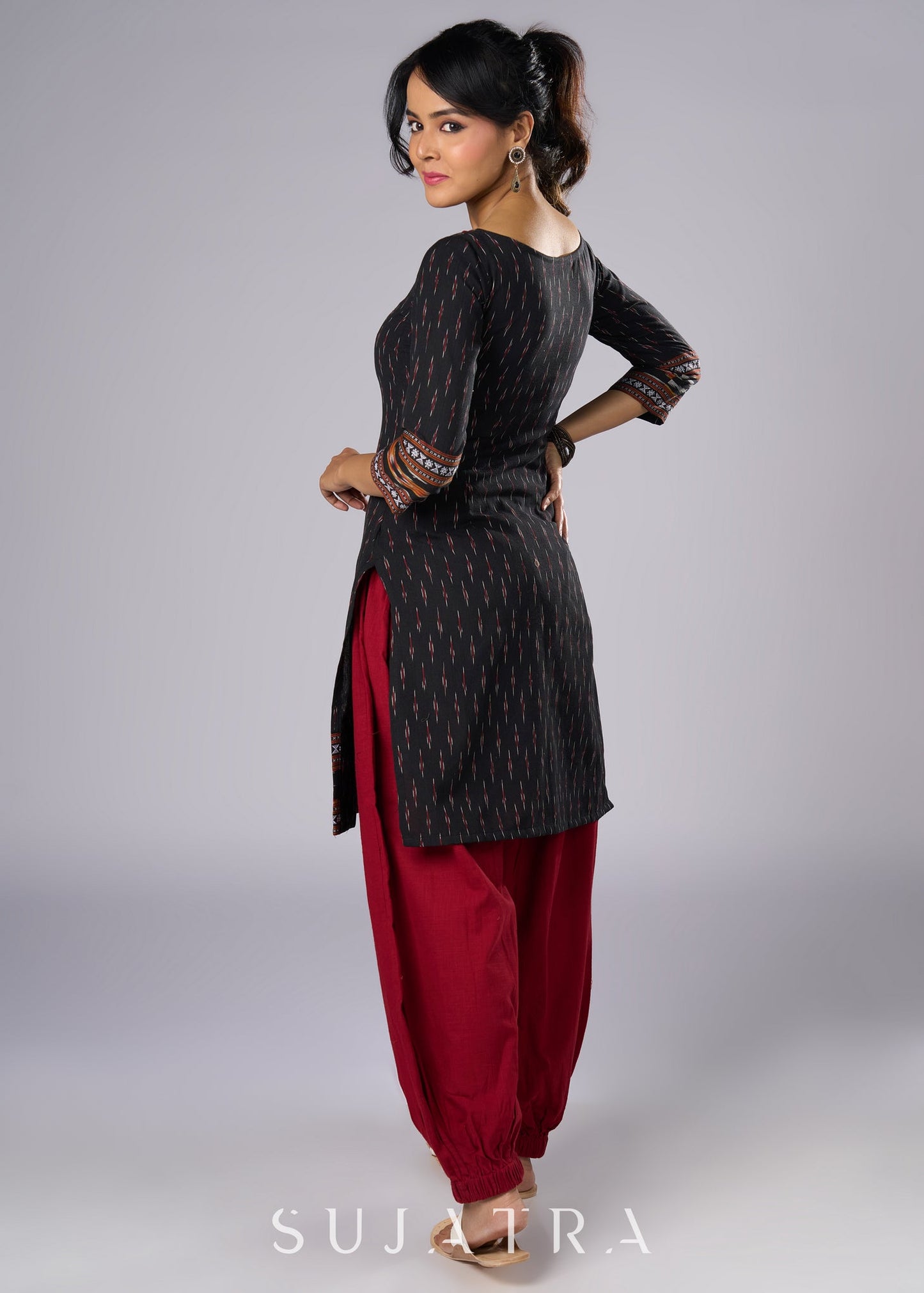 Elegant Cotton Black Ikat Combination Tunic Pant Additional