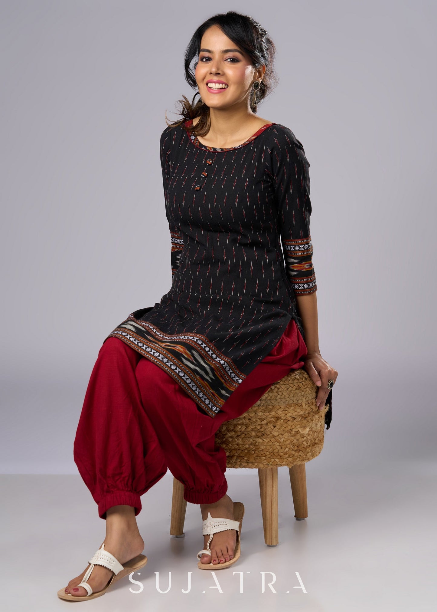 Elegant Cotton Black Ikat Combination Tunic Pant Additional