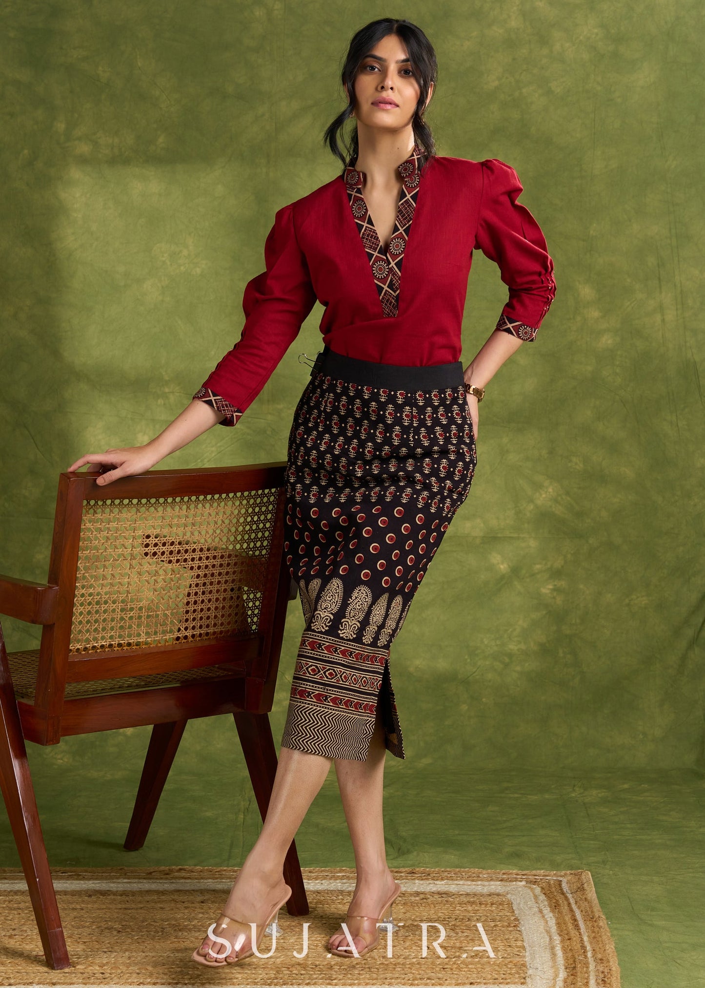 Maroon Cotton Pleated Top With Ajrakh Detailing- Skirt Optional