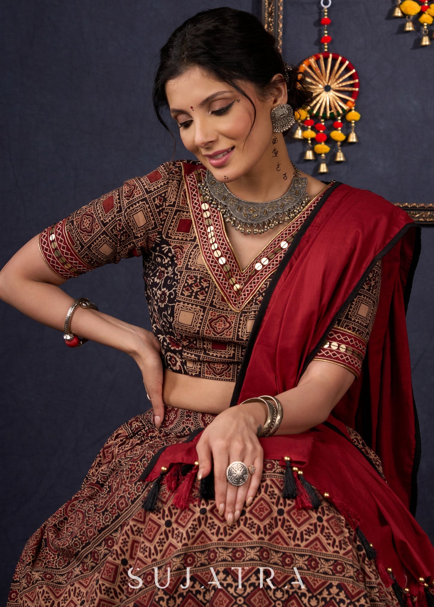 Elegant Maroon & Black Ajrakh Lehenga With Matching Blouse & Dupatta.