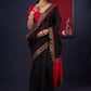 Classy Black Chanderi saree with overall Gold Butta, Golden border & Red Detailing