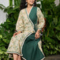 Graceful bottle green printed cotton overlap dress highlighted with macrame lace