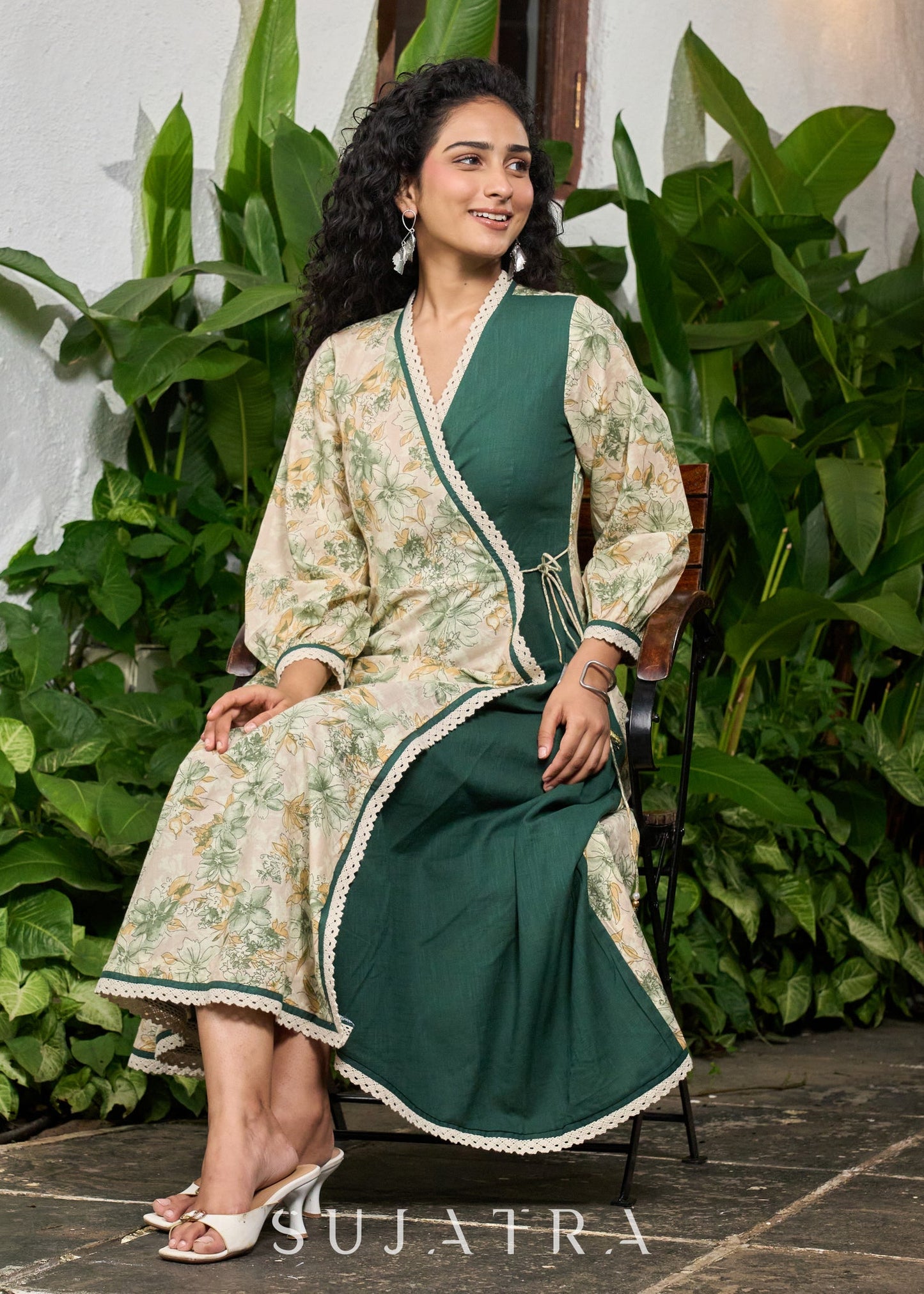 Graceful bottle green printed cotton overlap dress highlighted with macrame lace