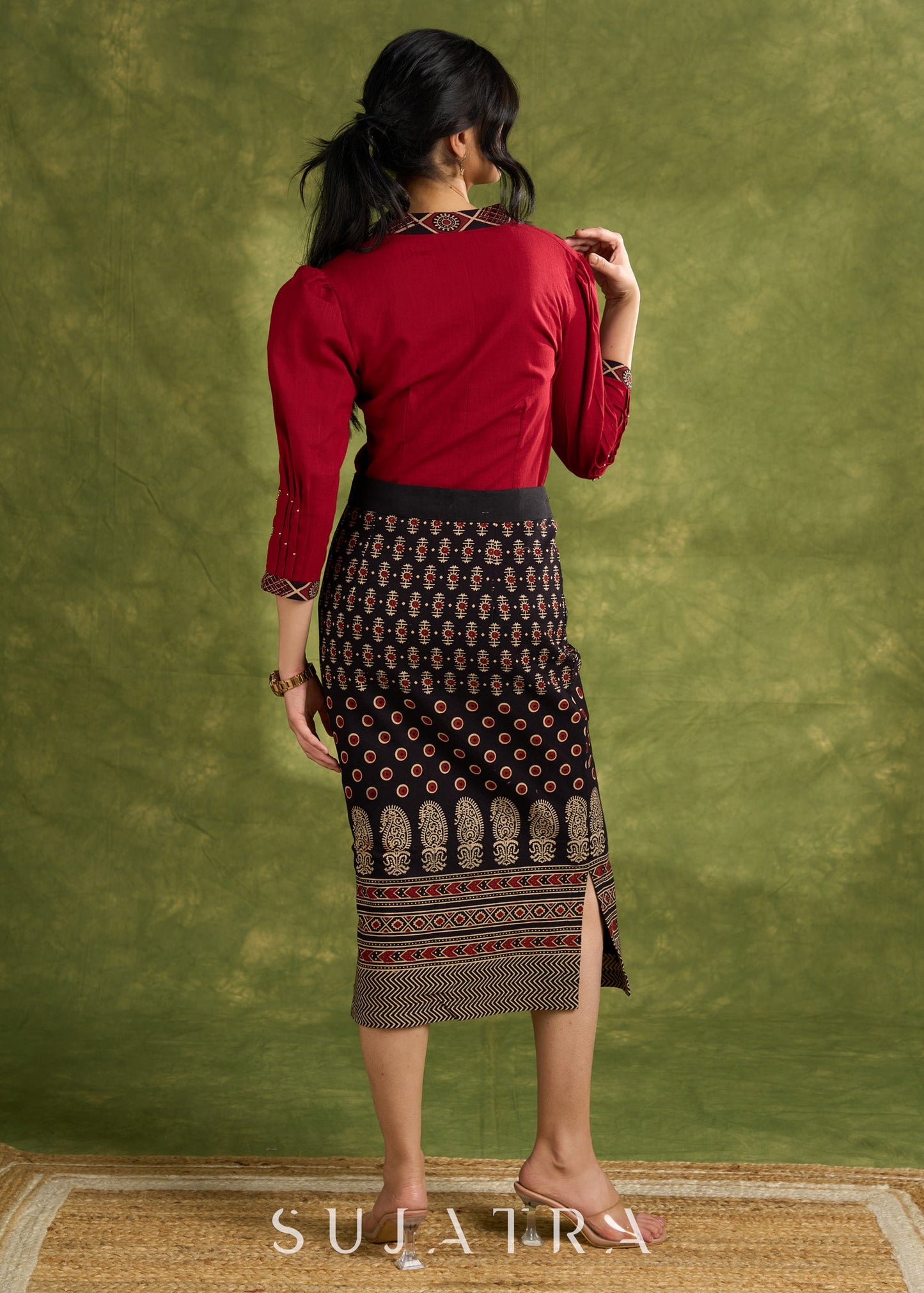 Maroon Cotton Pleated Top With Ajrakh Detailing- Skirt Optional