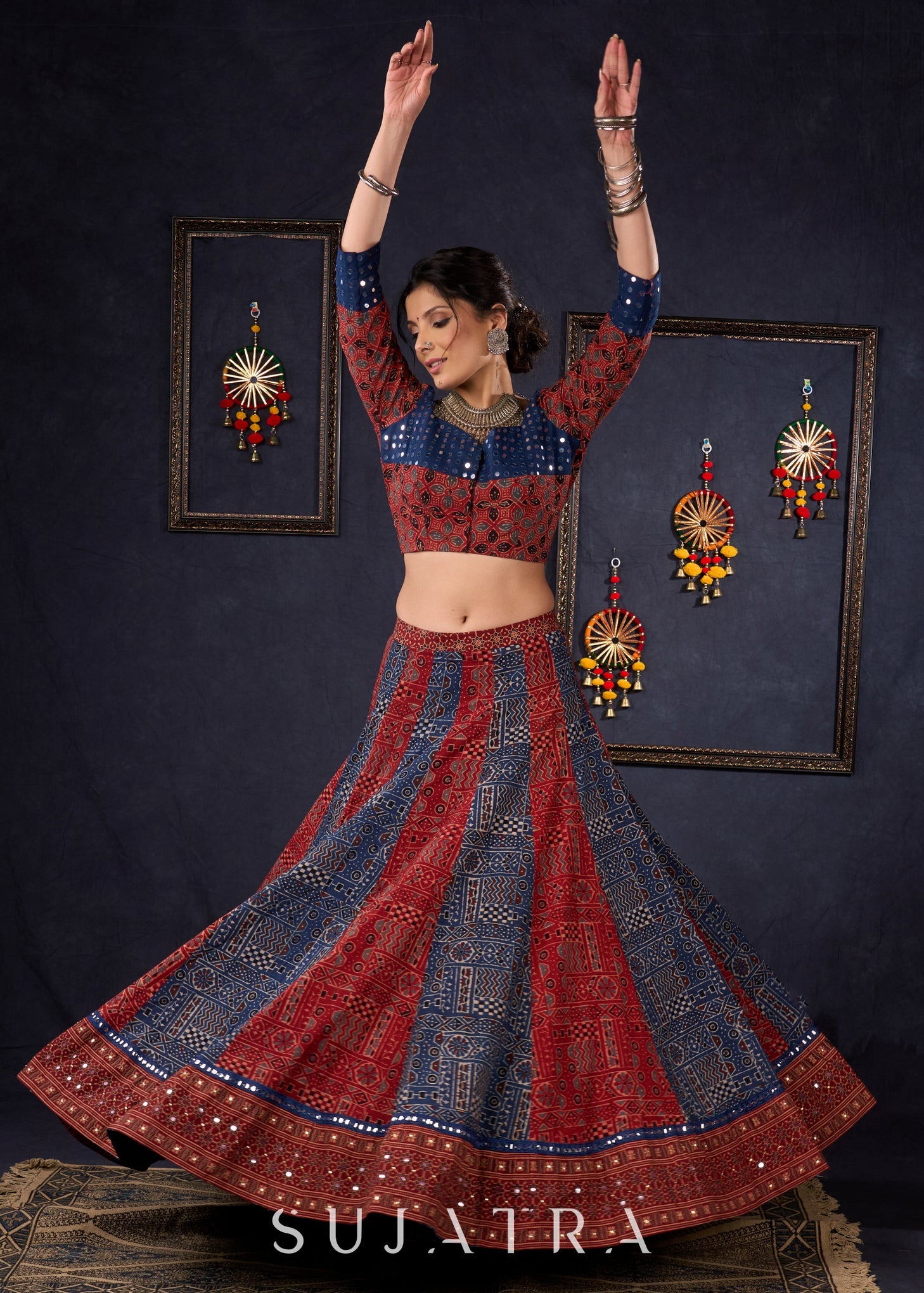 Maroon & Blue Ajrakh Lehenga With Mirror Work On The Blouse & Matching Dupatta.