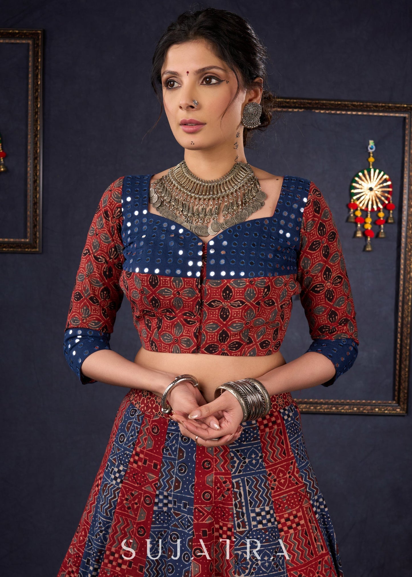 Maroon & Blue Ajrakh Lehenga With Mirror Work On The Blouse & Matching Dupatta.