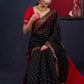 Classy Black Chanderi saree with overall Gold Butta, Golden border & Red Detailing