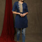 Navy blue cotton tunic with beige floral cutwork design.