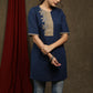 Navy blue cotton tunic with beige floral cutwork design.