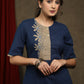 Navy blue cotton tunic with beige floral cutwork design.