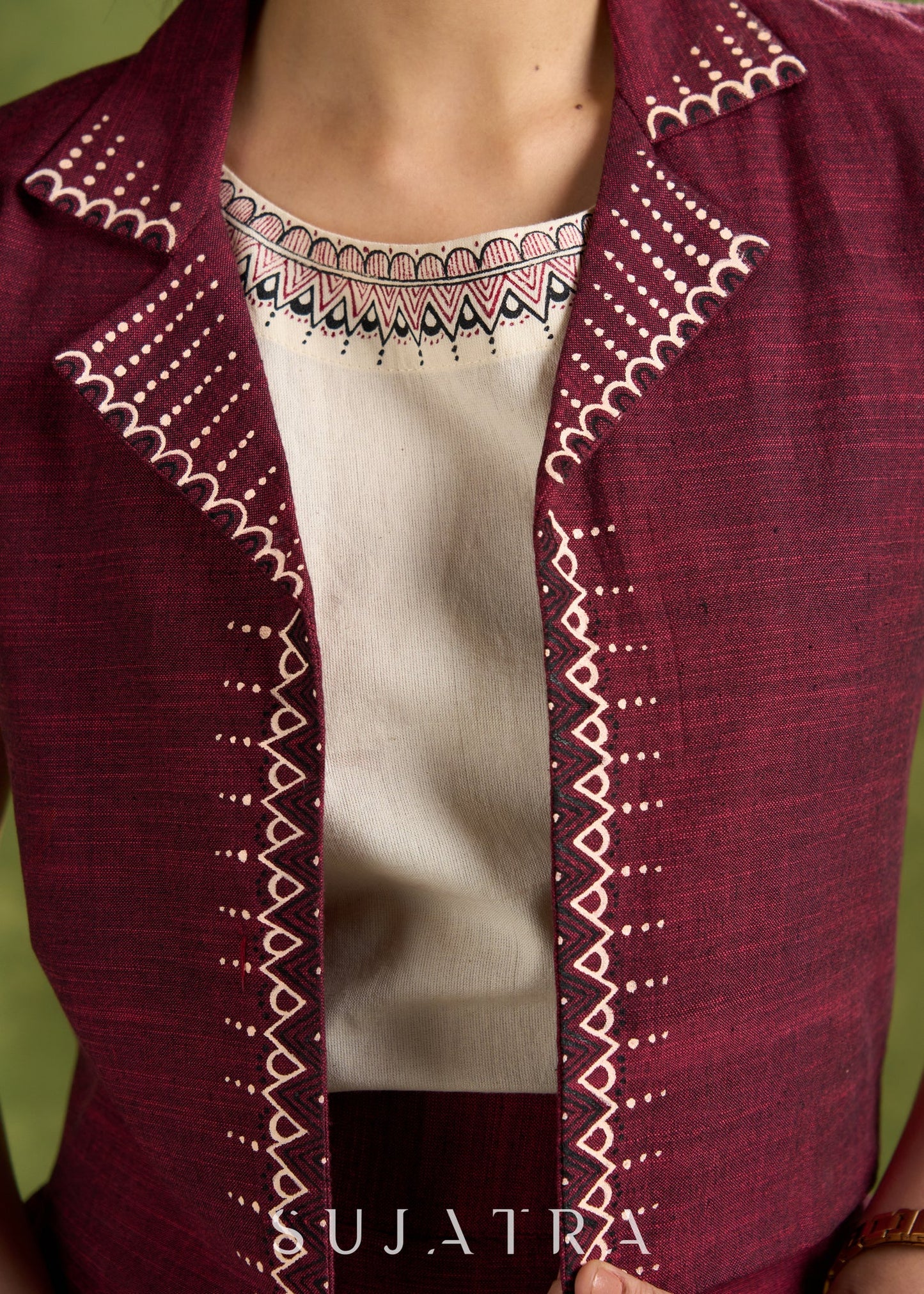 Intricately Hand Painted Off White Round Neck Cotton Top - Skirt Optional