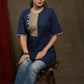 Navy blue cotton tunic with beige floral cutwork design.