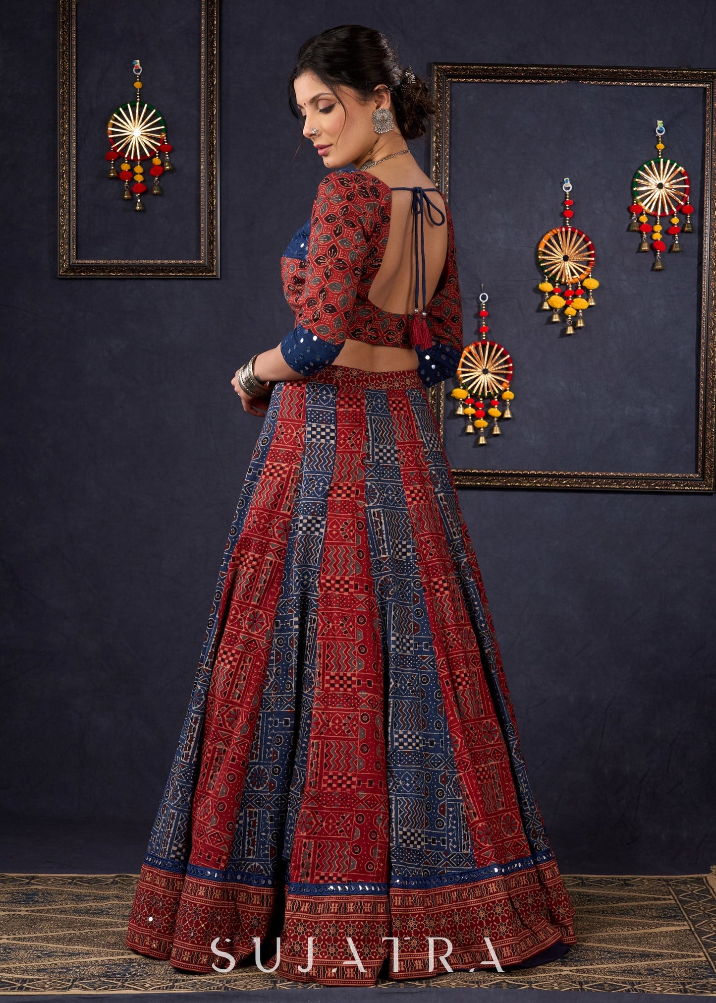 Maroon & Blue Ajrakh Lehenga With Mirror Work On The Blouse & Matching Dupatta.