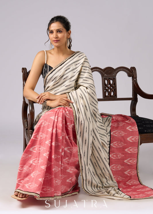 Classy white & pink Ikat combination cotton saree with zari highlights