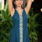 Classy teal cotton sleeveless dress highlighted with intricate embroidery