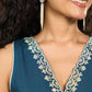 Classy teal cotton sleeveless dress highlighted with intricate embroidery