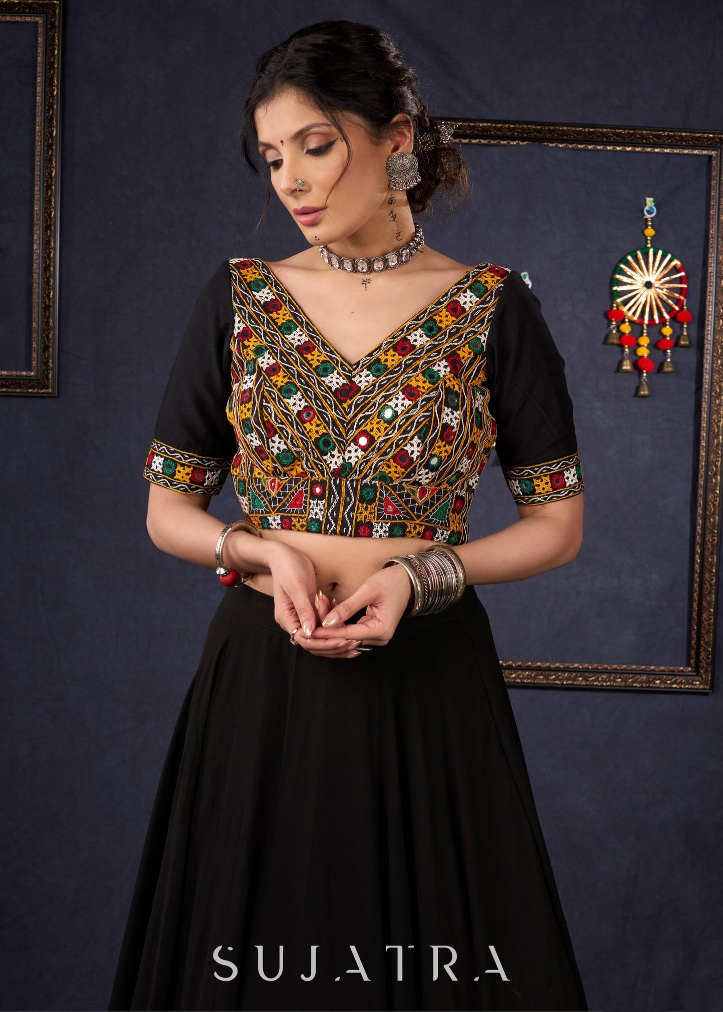 Traditional Black Kutch Work Lehenga With Matching Blouse & Dupatta .