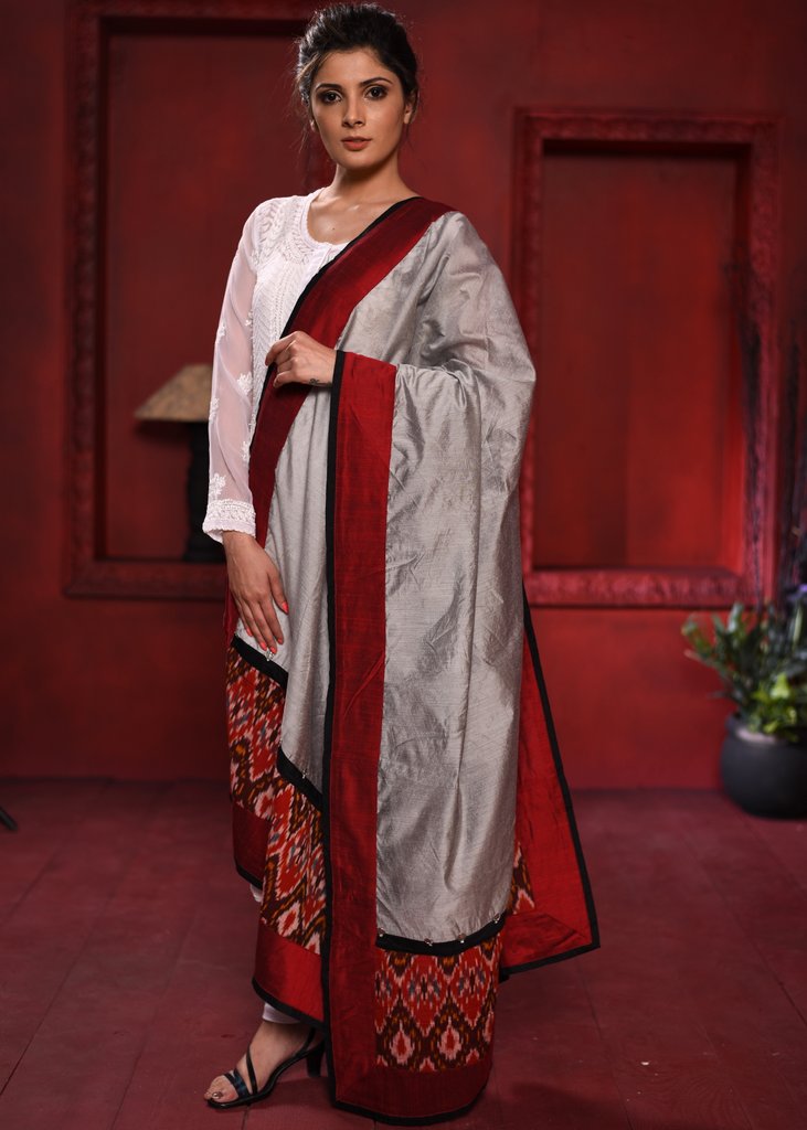 Grey chanderi dupatta with exclusive ikat work - Sujatra