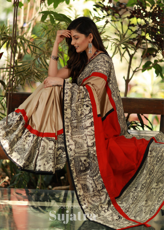 Exclusive beige semi silk saree with madhubani printed border - Sujatra