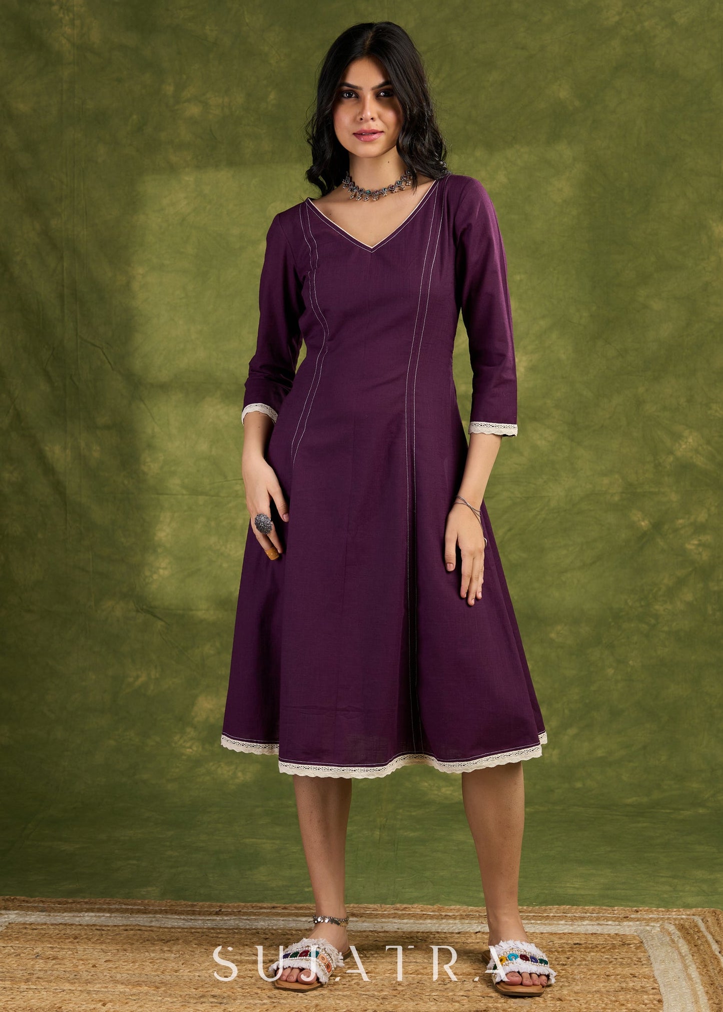 Elegant Plum Cotton Dress. Plum Hue With Detailed Stitch Accents