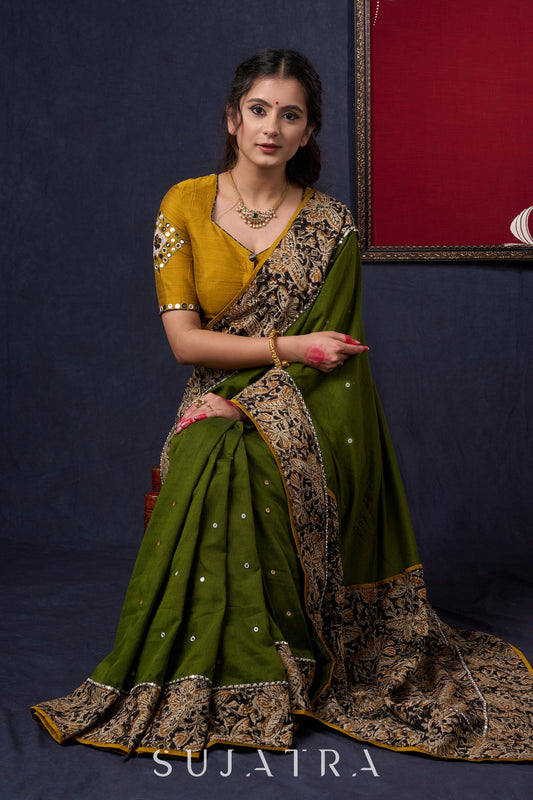 Regal Moss Green Cotton Saree with Kalamkari Border Highlighted with Abla work & Zari