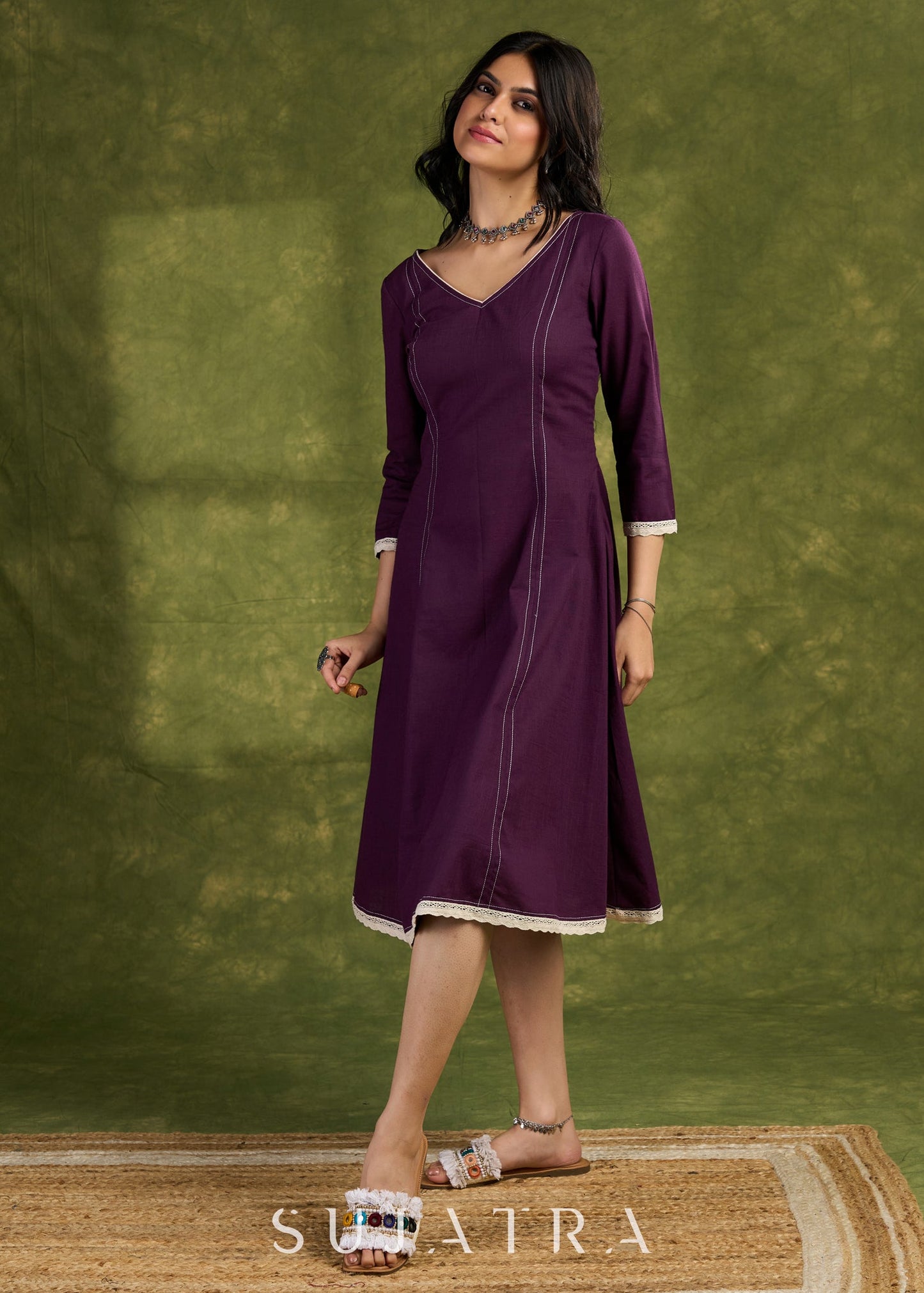 Elegant Plum Cotton Dress. Plum Hue With Detailed Stitch Accents