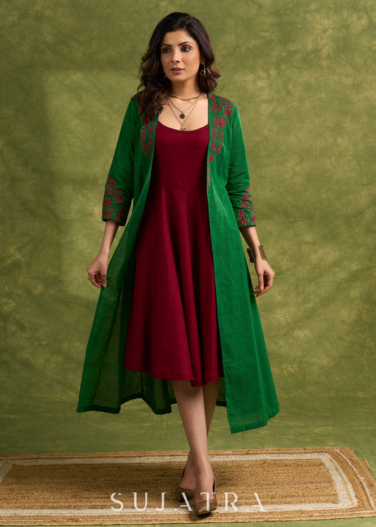 Hand Crafted Emerald Green Cotton Shrug With Vibrant Maroon Appliqué Accents   Dress Optional