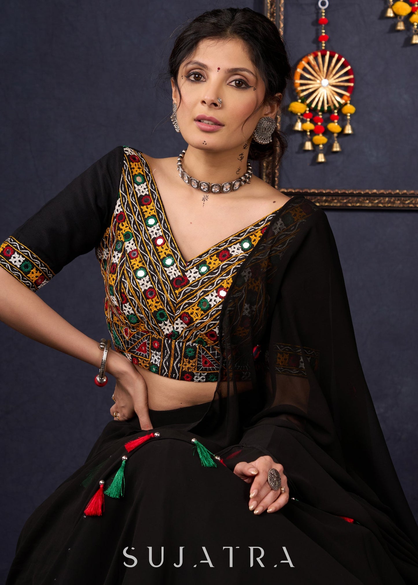 Traditional Black Kutch Work Lehenga With Matching Blouse & Dupatta .