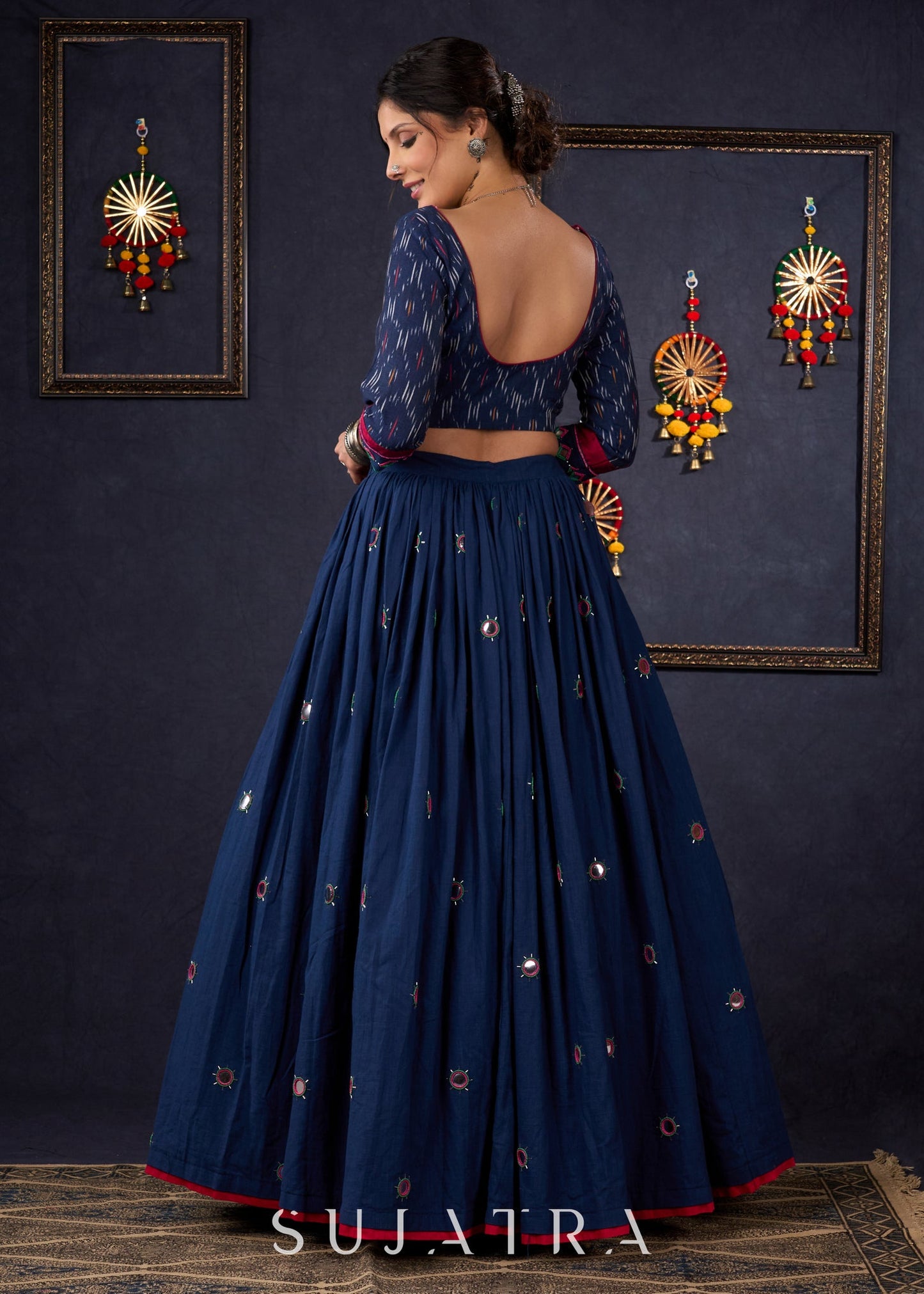 Exclusive Navy Blue Mirror Work Lehenga With Matching Blouse & Dupatta