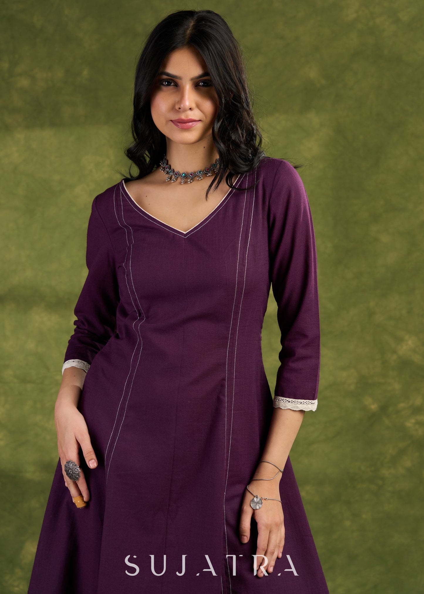 Elegant Plum Cotton Dress. Plum Hue With Detailed Stitch Accents