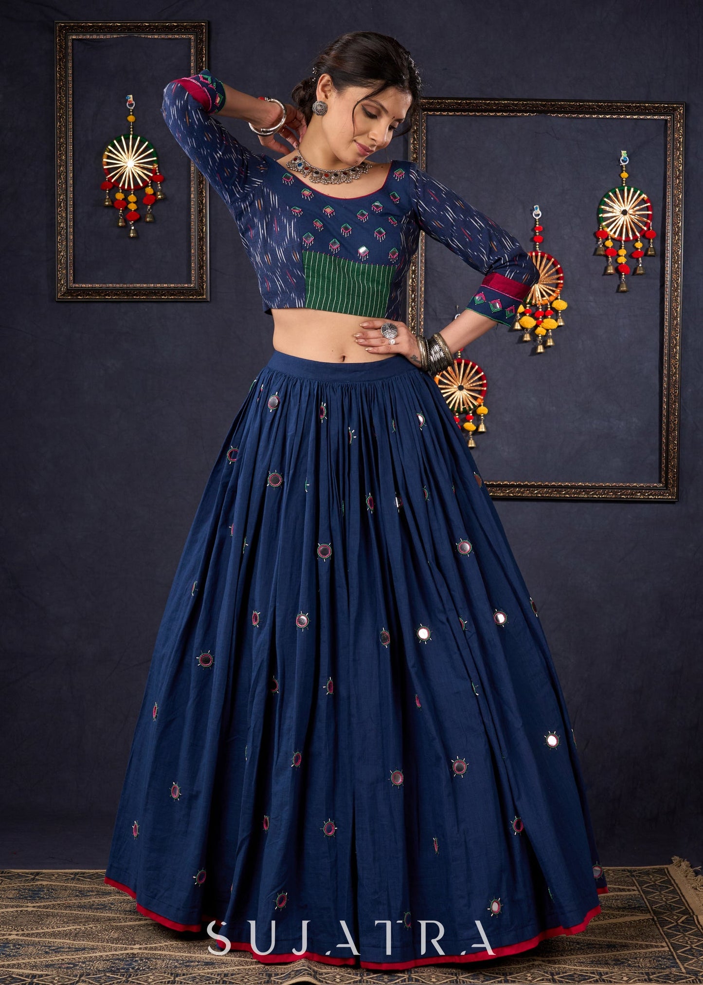 Exclusive Navy Blue Mirror Work Lehenga With Matching Blouse & Dupatta