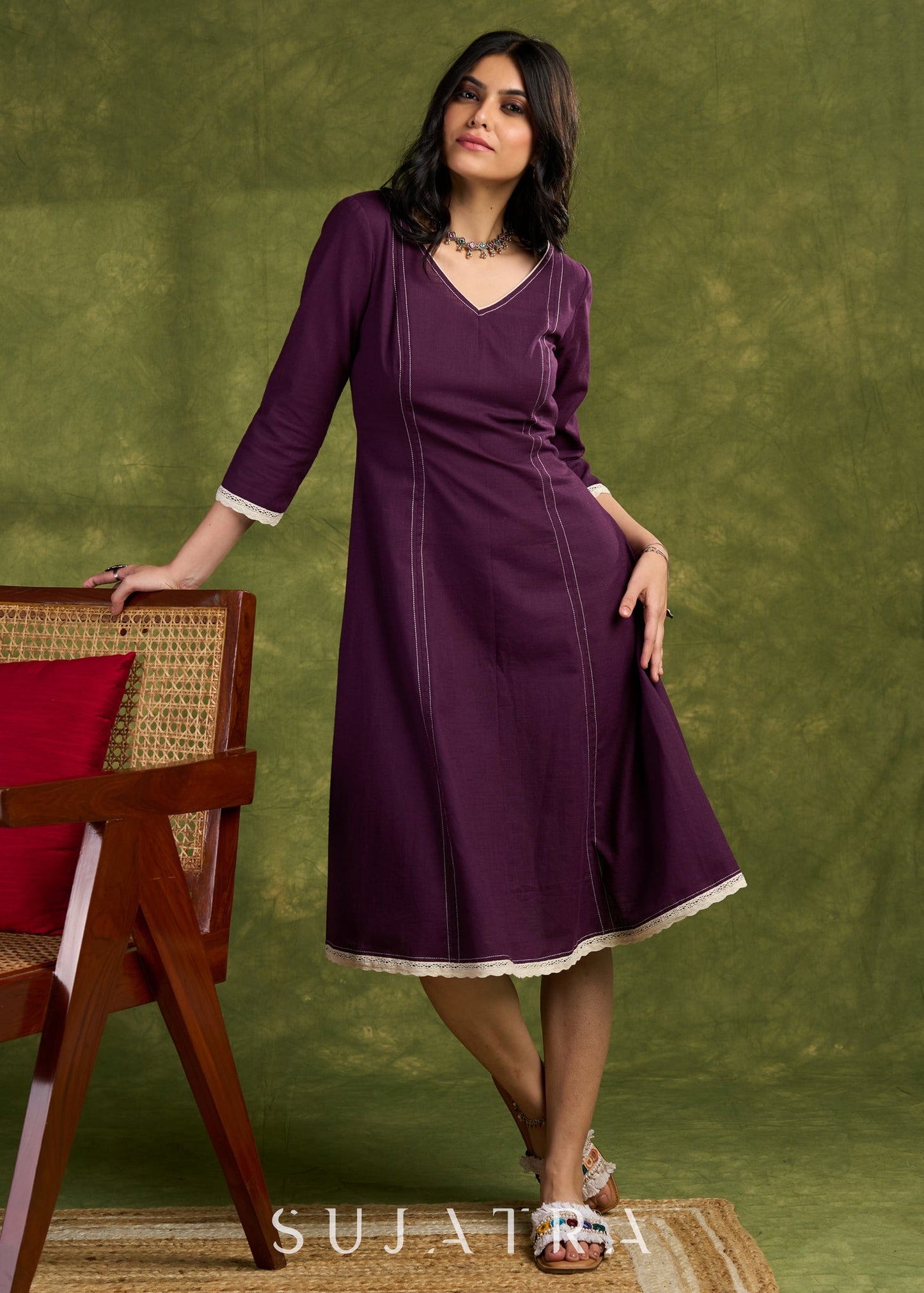 Elegant Plum Cotton Dress. Plum Hue With Detailed Stitch Accents