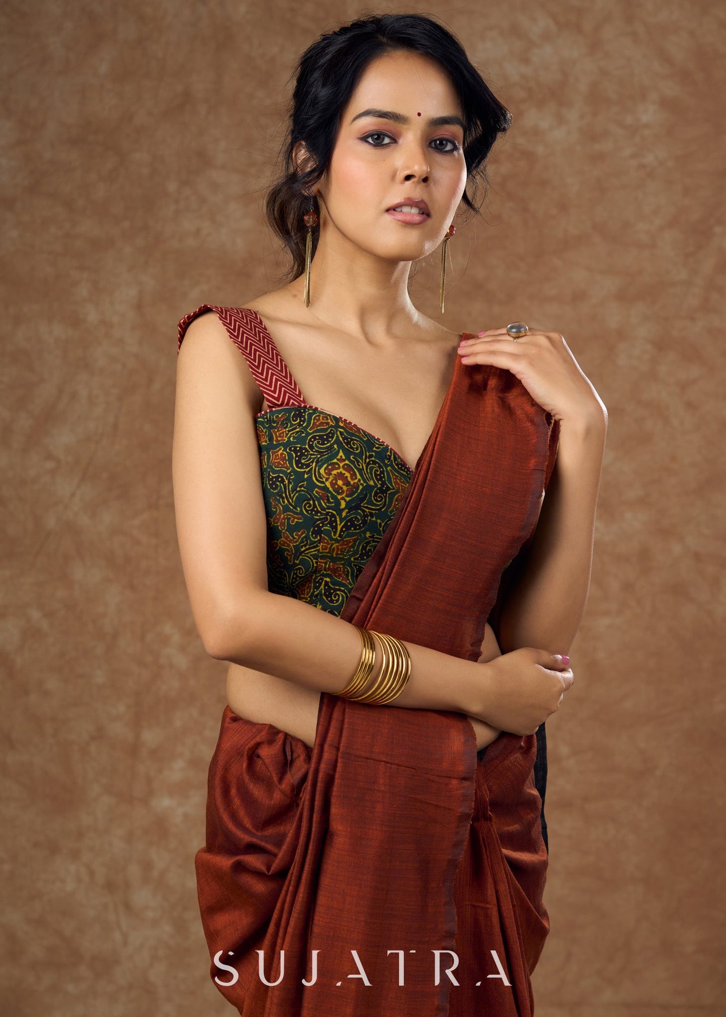 Cotton Ajrakh block-printed blouse with sweetheart neckline & shoulder straps