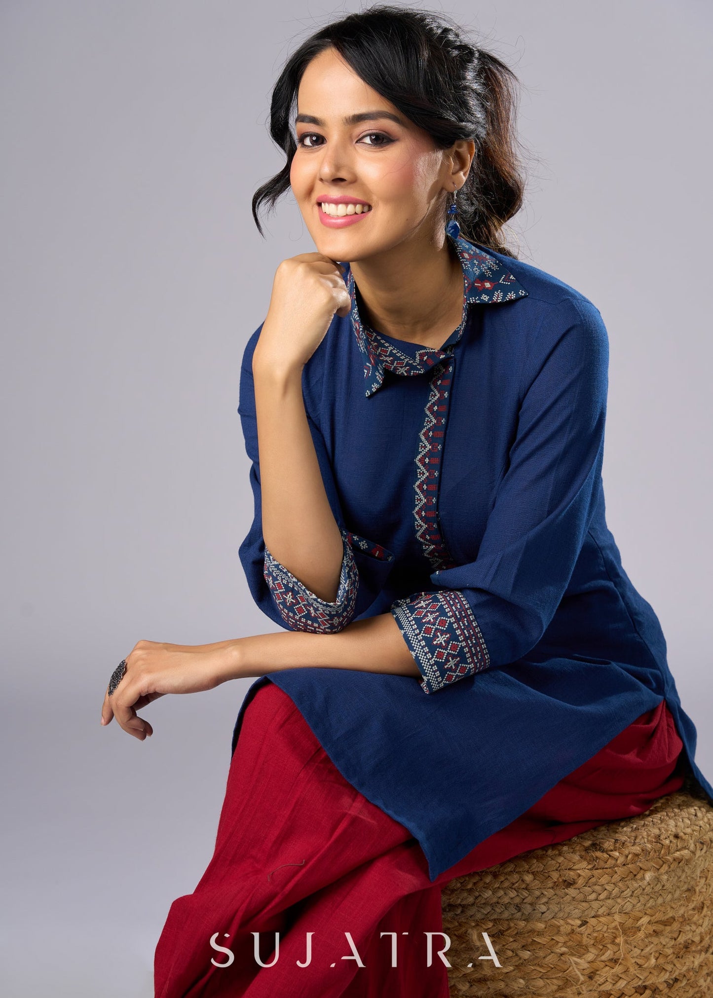 Classic Navy Blue Cotton Tunic with Stylish Collar - Pant Additional